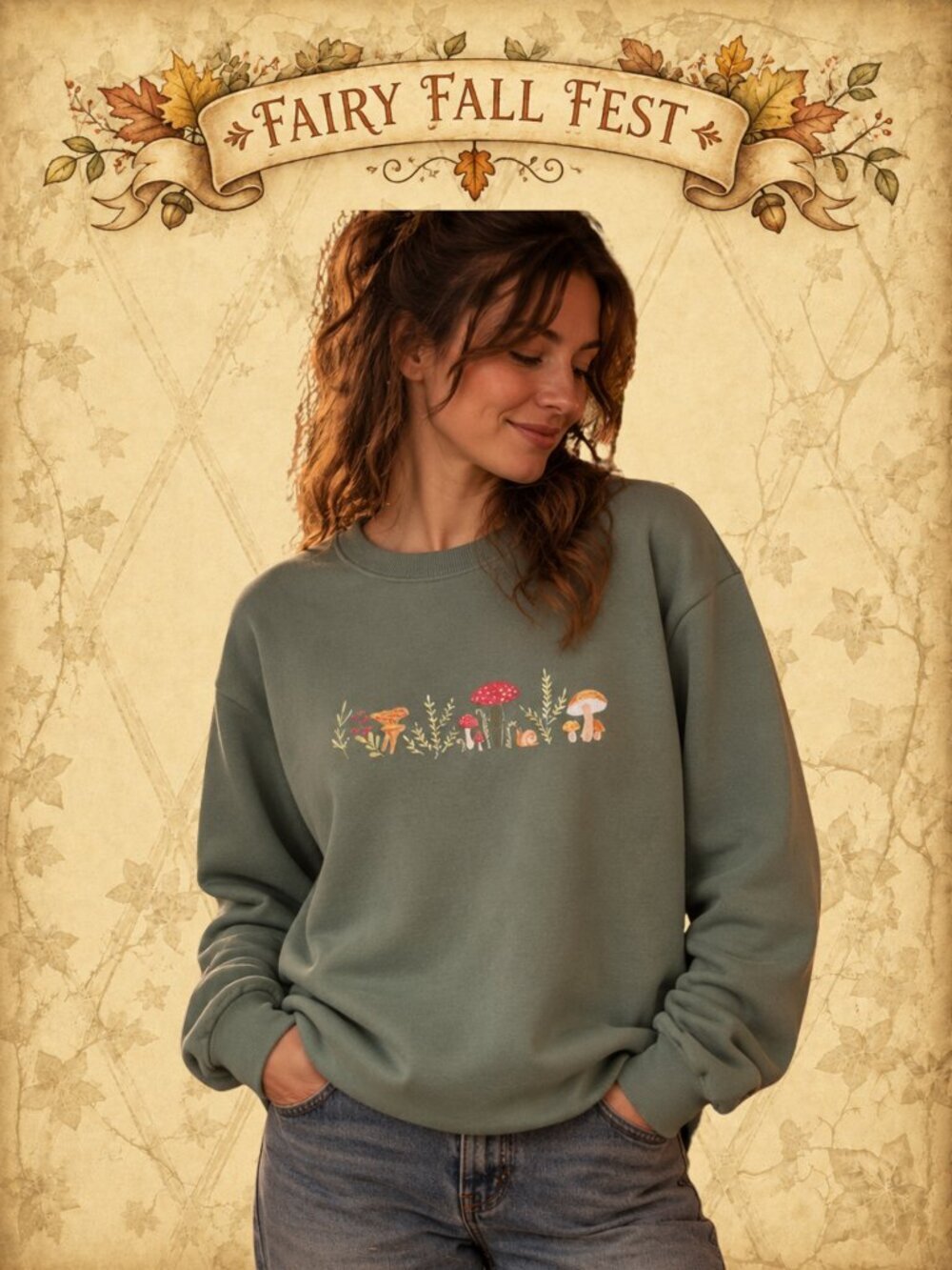 Woodland Whispers 🍃🧚♂️ Mushroom Print Sage Green Sweatshirt Size M